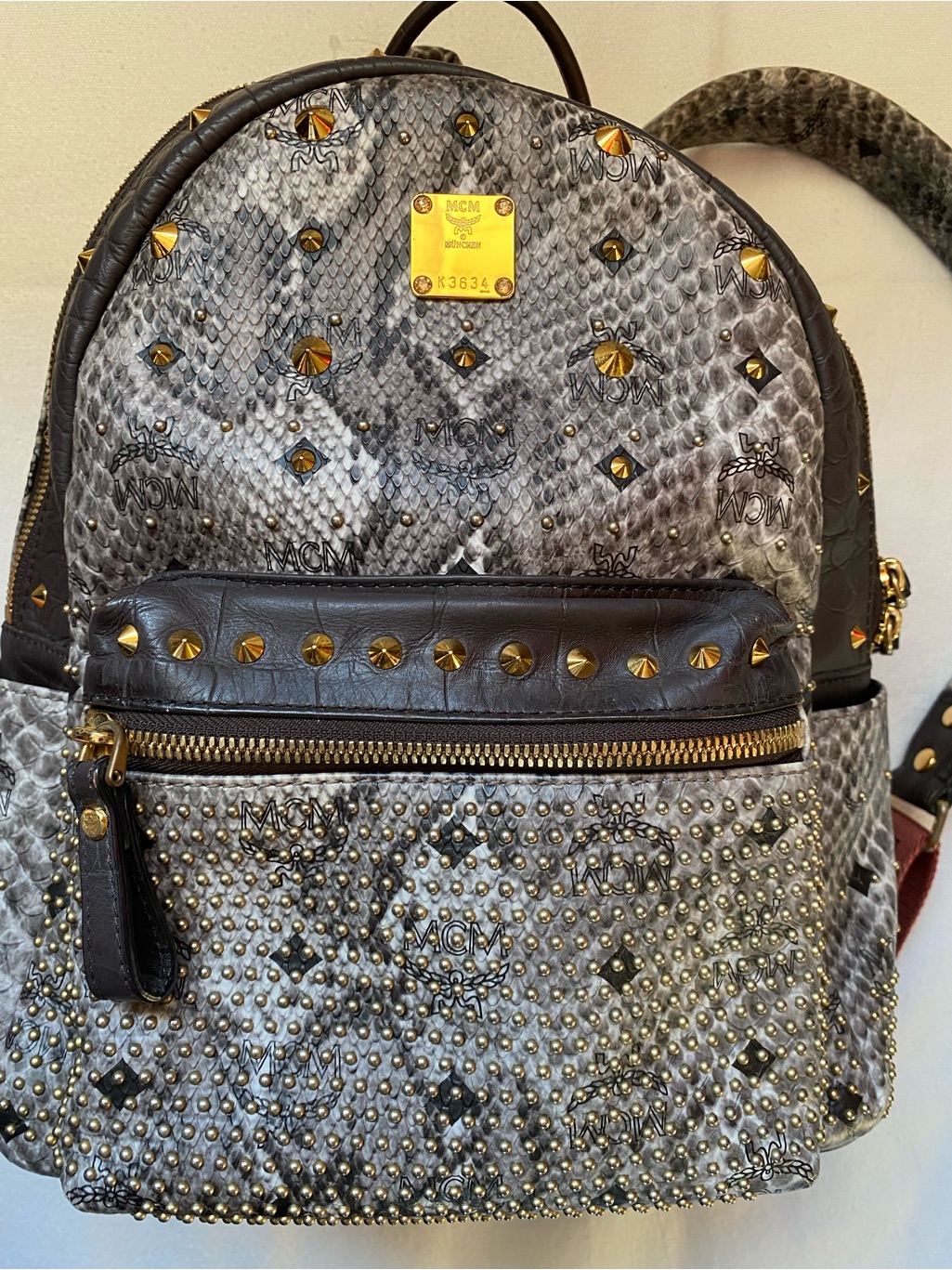 Mcm Black And Gray Python-Print Studded Backpack